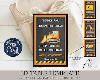 Construction Birthday Printable Gift Tags, Editable Construction Vehicle Tag Template, Instant Download Dump Truck Party Favor Tags