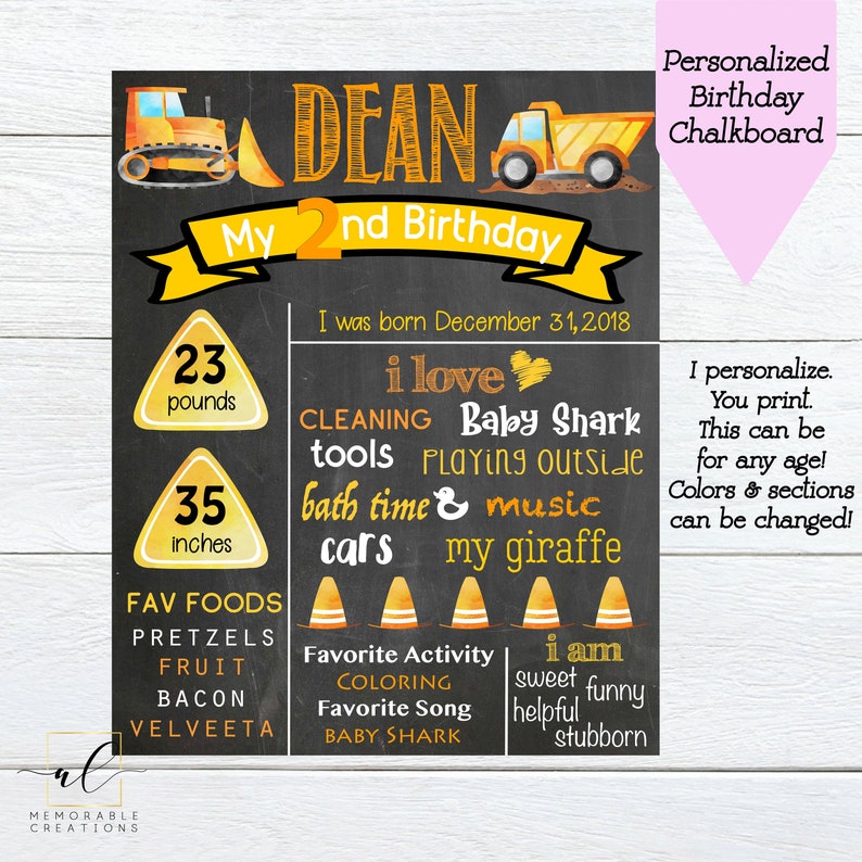 Op de afbeelding: Een krijtbord-stijl verjaardagsteken voor een jongen genaamd Dean die zijn 2e verjaardag viert. Het bord heeft een geel en oranje bouwvoertuigthema met een zwarte achtergrond. Het bevat details zoals zijn gewicht (23 pond), zijn lengte (35 inch), zijn favoriete etenswaren, activiteiten en persoonlijkheidskenmerken.