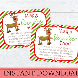 Etiqueta de comida de rena mágica para impressão, cartão de comida de rena mágica, etiqueta de Natal para crianças, etiqueta de presente de classe faça você mesmo, véspera de Natal, download instantâneo