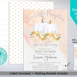 Gender Neutral Twins Pumpkin Baby Shower Printable Invitation, Edit Yourself Fall Baby Shower Invite, Two Little Pumpkins, Instant Download