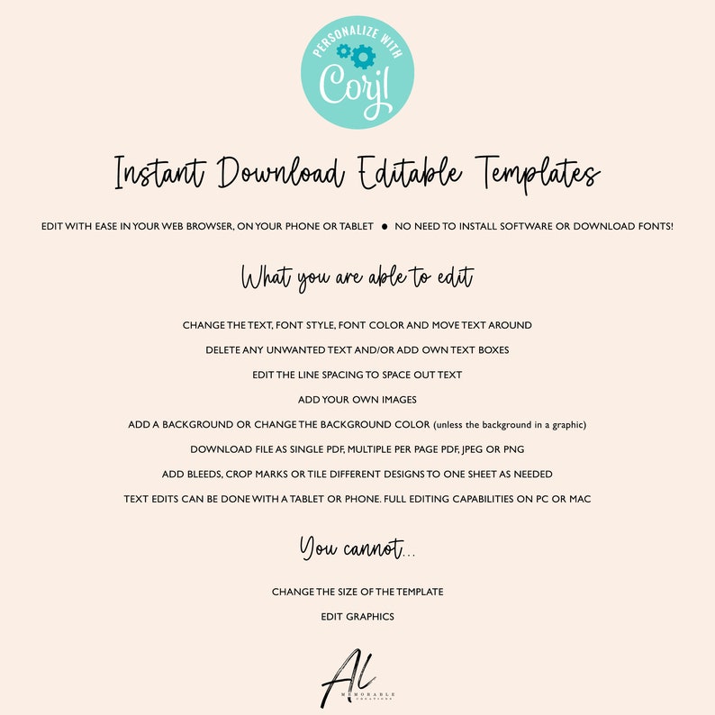 Op de afbeelding: Een witte achtergrond met blauwe tekst die de functies van bewerkbare sjablonen uitlegt. De tekst luidt "Direct downloadbare bewerkbare sjablonen". De tekst luidt ook "Wat u kunt bewerken" en somt verschillende functies op. De tekst luidt ook "U kunt niet..." en somt twee functies op die niet kunnen worden bewerkt. De tekst luidt ook "PERSONALISEER MET Corjl".