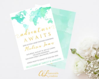 Adventure Awaits Baby Shower Invitation, World Map Shower Invitation, Travel Baby Shower Invitation, Adventure Awaits, Watercolor Map Invite