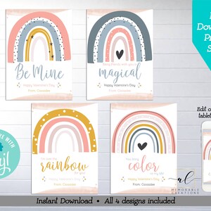 Rainbow Valentine Printable Cards, Editable Boho Rainbow Valentine Cards, Instant Download Rainbow Valentines, Girl School Valentine Card