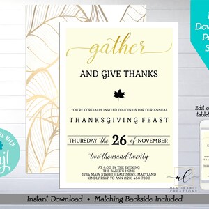 Modern Thanksgiving Printable Invitation, Editable Thanksgiving Dinner Invite, Instant Download Friendsgiving Invite, Gather Give Thanks