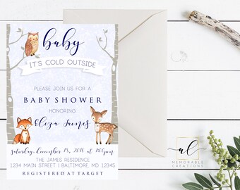 Winter Woodland Boy Baby Shower Invitation, Winter Woodland Animals Baby Shower Invitation, Forest Animals Invite, Woodland Invitation
