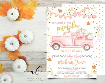 Pink Pumpkin Truck Baby Shower Invitation, Little Pumpkin On The Way Invitation, Fall Baby Shower, Pumpkin Baby Shower Invite, Pink Gold