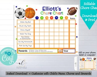Editable Sports Chore Chart, Edit Yourself Sports Reward Chart, Instant Download Kid Daily Routines Chart, Boy Chore Chart, Sports Balls