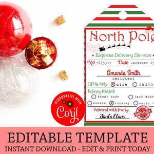 North Pole Delivery Printable Tags, Edit Yourself North Pole Tags, Instant Download Christmas Gift Tag, Santa Tags, Reindeer Delivery
