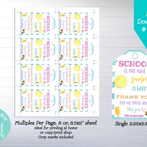 School is Out Summer is Here Teacher Thank You Printable Tags, Edit ...