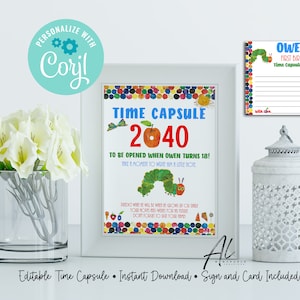 Very Hungry Caterpillar Time Capsule, Editable 1st Birthday Capsule, Caterpillar Birthday, Time Capsule Sign and Cards, Instant Download