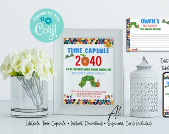 Very Hungry Caterpillar Time Capsule, Editable 1st Birthday Capsule, Caterpillar Birthday, Time Capsule Sign and Cards, Instant Download