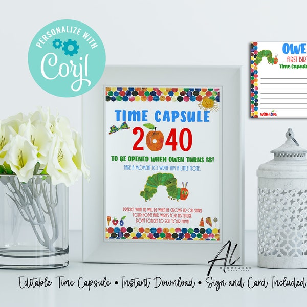 Very Hungry Caterpillar Time Capsule, Editable 1st Birthday Capsule, Caterpillar Birthday, Time Capsule Sign and Cards, Instant Download