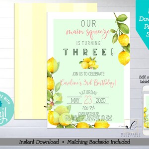Lemon Birthday Printable Invitation, Edit Yourself Lemon Birthday Invite, Citrus Invitation Template, Main Squeeze Lemon Birthday Invite