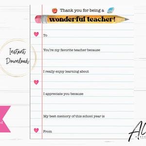 Teacher Appreciation Week Printable, All About My Teacher, Teacher Printable, Teacher Thank You, Teacher Worksheet Gift, Instant Download