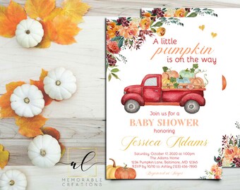 May include: A baby shower invitation with a watercolor illustration of a red truck carrying pumpkins. The invitation reads "A little pumpkin is on the way" and includes the details for the event, including the date, time, location, and RSVP information.