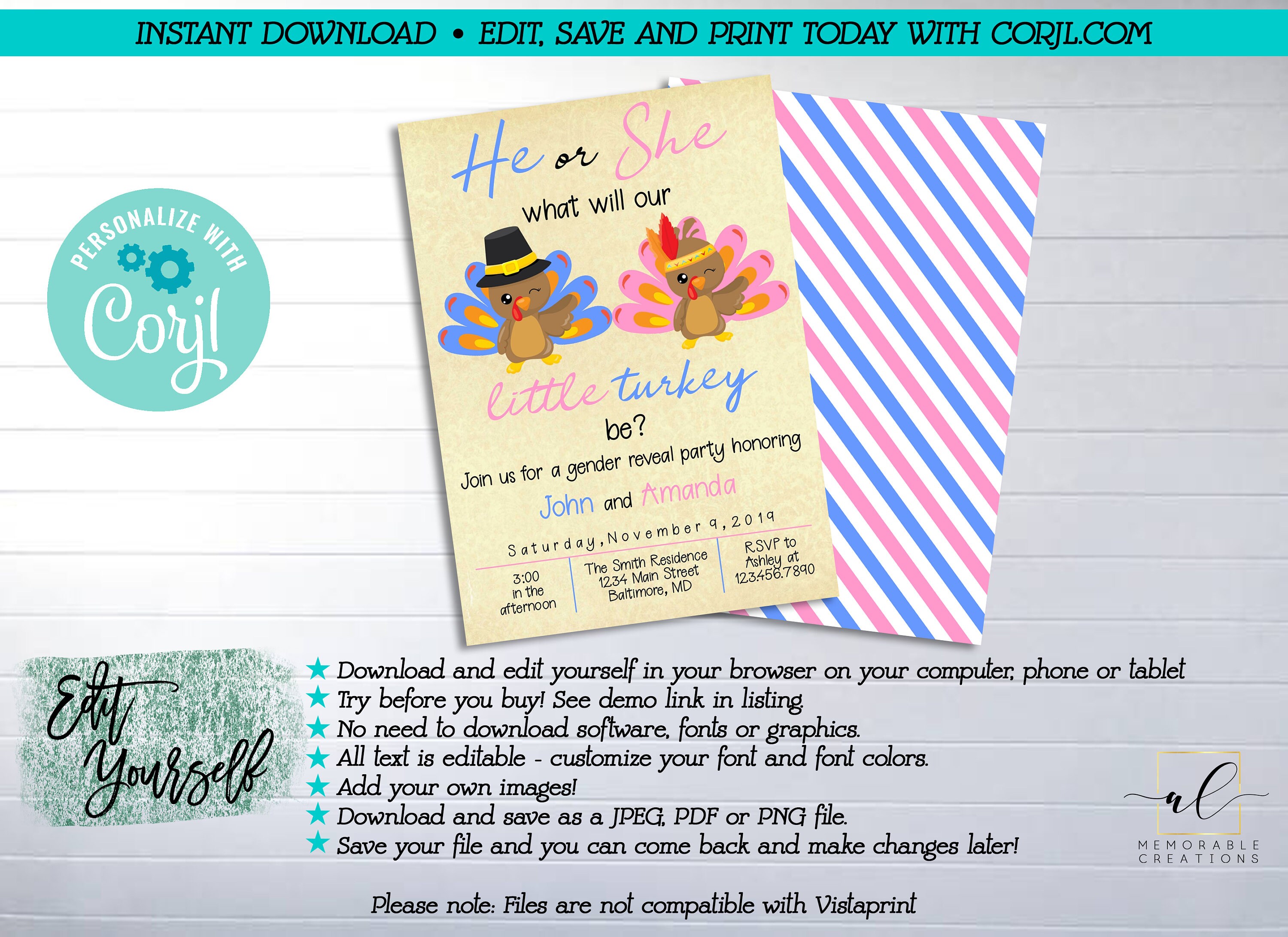 Turkey Gender Reveal Party Printable Invitation Edit Yourself Etsy