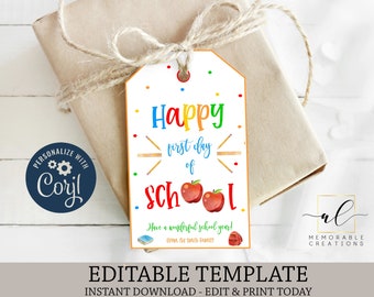 Happy First Day of School Printable Tags, Edit Yourself Teacher Gift Tags, Instant Download Back to School Tag, First Day of School Tag