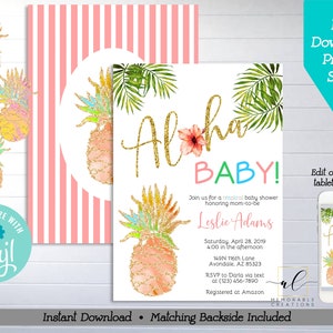 Aloha Baby Shower Printable Invitation, Edit Yourself Pineapple Baby Shower Invitation, Instant Download Tropical Baby Shower, Corjl, Luau