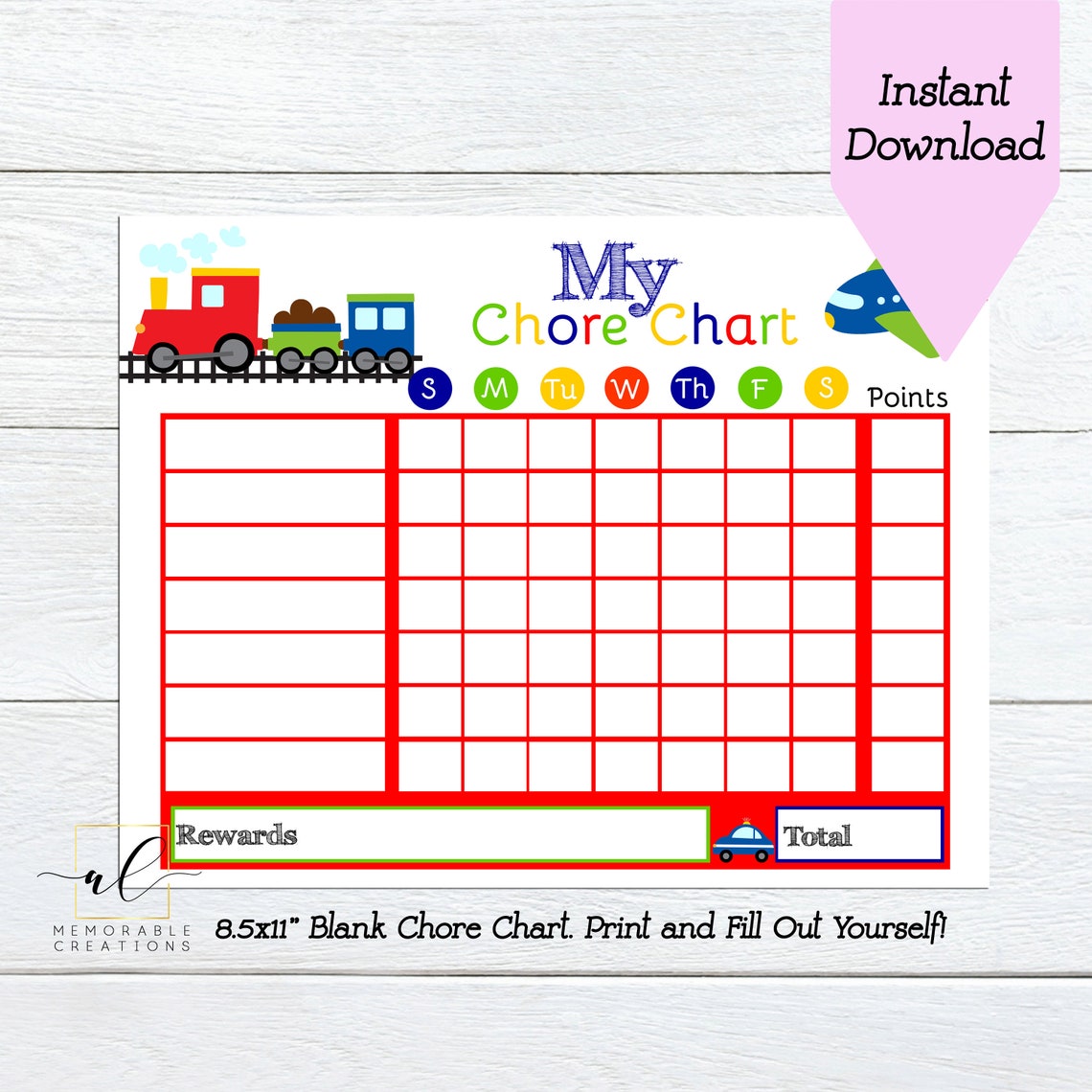 Transportation Chore Chart, Train Reward Chart, Instant Download Chore ...
