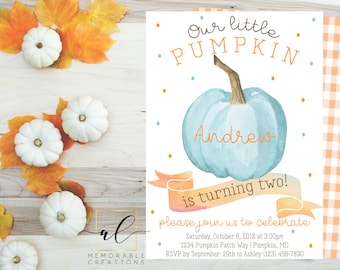 May include: A blue and white pumpkin with the name "Andrew" and the text "Our little PUMPKIN is turning two!"  A party invitation with the text "Please join us to celebrate Saturday, October 6, 2018 at 3:00pm 1234 Pumpkin Patch Way | Pumpkin, MD RSVP by September 29th to Ashley (123) 456-7890"