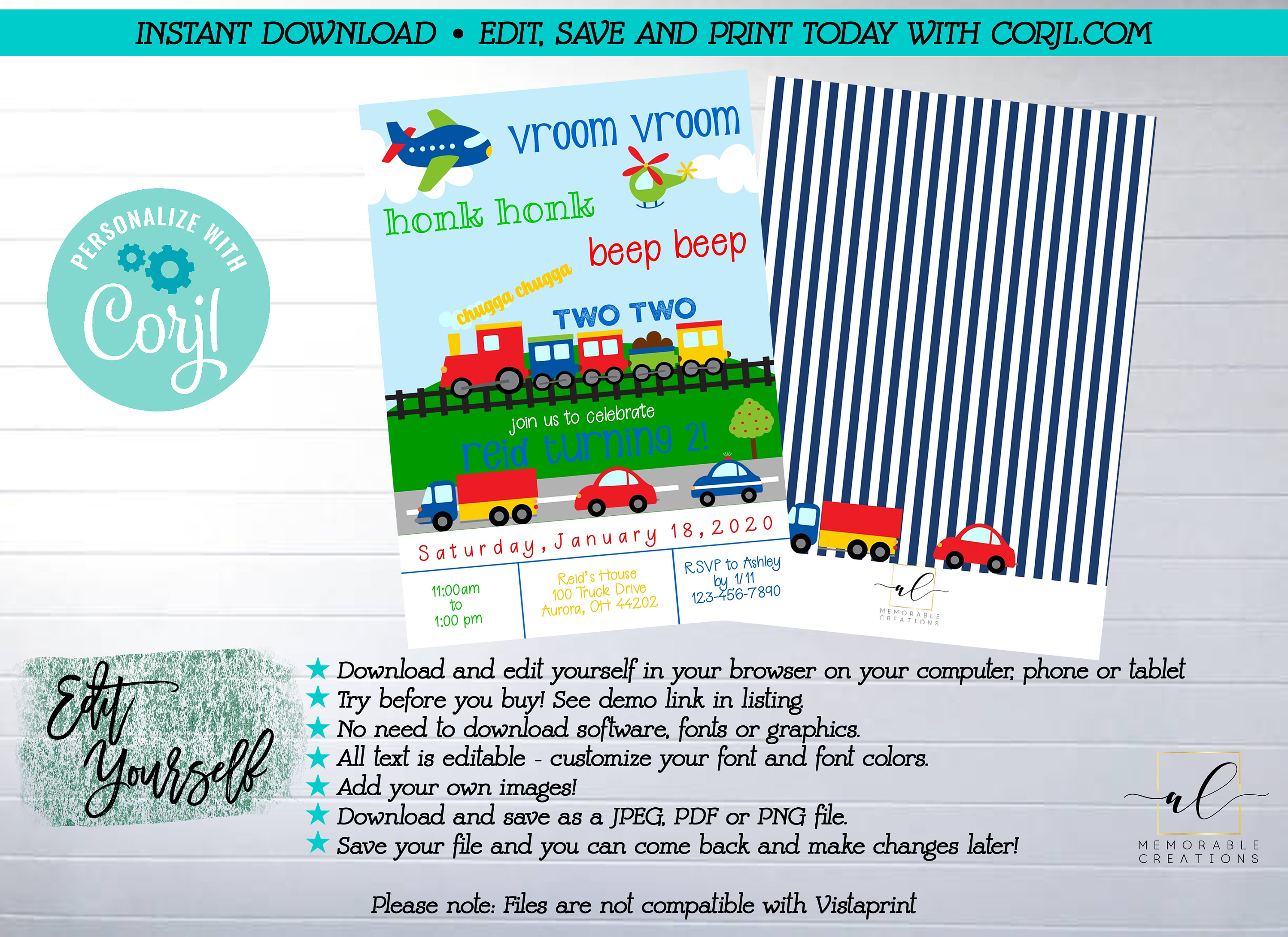 Transportation Birthday Printable Invitation Edit Yourself - Etsy