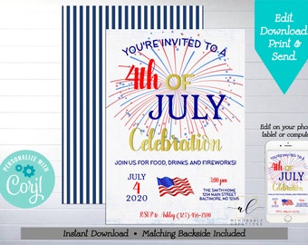 May include: A printable 4th of July invitation with a red, white, and blue firework design. The invitation says "You're invited to a 4th of July Celebration" and includes the date, time, and location of the event. The invitation also includes a small American flag.