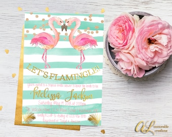 Let's Flamingle Bridal Shower Invitation, Flamingo Bridal Shower Invite, Tropical Bridal Shower Invitation, Mint Pink Gold Flamingo Invite