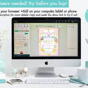 May include: A computer screen displaying a pink and blue circus-themed invitation with the text "You're invited to a Circus Party" and "Berkeley is turning one!" The invitation is being edited on a website called "Corjl".