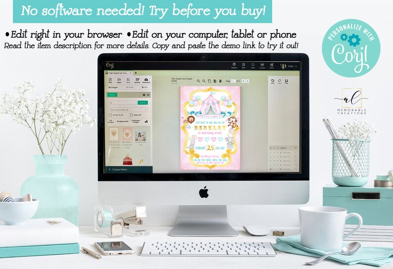 May include: A computer screen displaying a pink and blue circus-themed invitation with the text "You're invited to a Circus Party" and "Berkeley is turning one!" The invitation is being edited on a website called "Corjl".