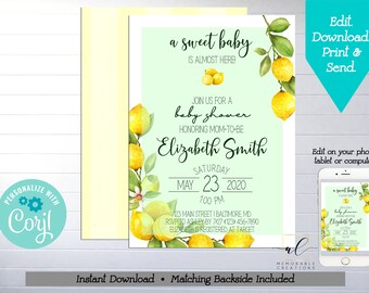 Puede incluir: Una invitación de baby shower verde y blanca con un tema de limón. La invitación dice "un dulce bebé está casi aquí" e incluye el texto "Únete a nosotros para una baby shower en honor a la futura mamá Elizabeth Smith, sábado 23 de mayo de 2020, 7:00 PM, 123 Main Street | Baltimore MD, RSVP a Ashley antes del 27 de julio (123) 456-7890, Elizabeth está registrada en Target."