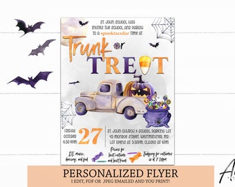 May include: A printable flyer for a Trunk or Treat event at St. John School USA. The flyer features a watercolor illustration of a vintage truck with a jack-o-lantern in the bed, a cauldron full of candy, and bats flying in the sky. The text on the flyer says "Trunk or Treat" and includes the date, time, and location of the event.
