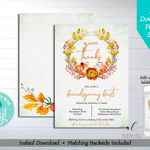 Può includere: Invito di ringraziamento editabile con una ghirlanda ad acquerello di foglie autunnali, bacche e fiori. Il testo recita "Give Thanks" e "Friendsgiving Feast".