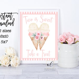 Two is Sweet Take a Treat Sign, Two Sweet Ice Cream Birthday Sign, Two Sweet Party, Favor Table Sign, Ice Cream Favor Sign, Instant Download