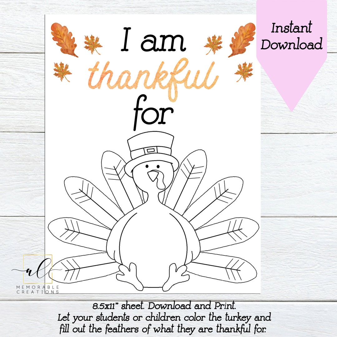 I Am Thankful for Turkey Printable Kids Thanksgiving