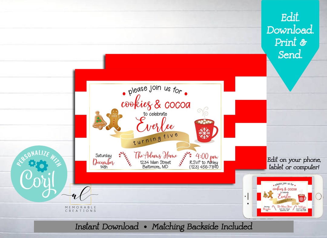 Cookies and Cocoa Birthday Printable Invitation, Edit Yourself ...