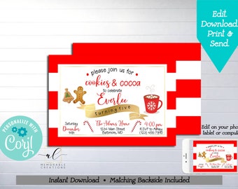 May include: A printable invitation for a cookies and cocoa party to celebrate a child turning five. The invitation features a gingerbread man, a mug of hot chocolate, and candy canes. The text on the invitation reads "Please join us for cookies & cocoa to celebrate Everlee turning five".