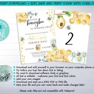 May include: Editable printable invitation for a 2nd birthday party with a bee theme. The invitation features a watercolor illustration of a honeycomb, bees, and daisies. The text on the invitation reads "Our little honeybee is turning two!" and "Addalyn's 2nd Bee-Day!"