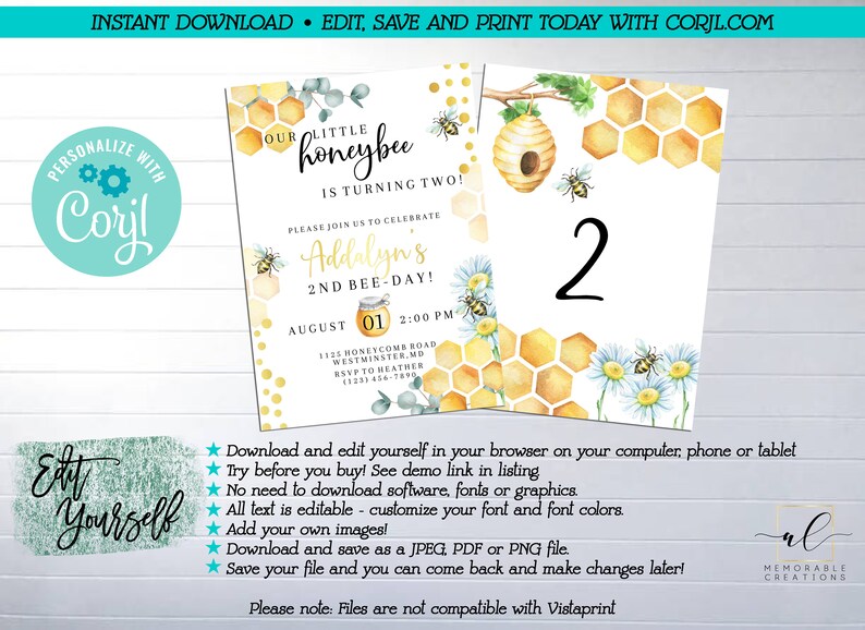 May include: Editable printable invitation for a 2nd birthday party with a bee theme. The invitation features a watercolor illustration of a honeycomb, bees, and daisies. The text on the invitation reads "Our little honeybee is turning two!" and "Addalyn's 2nd Bee-Day!"