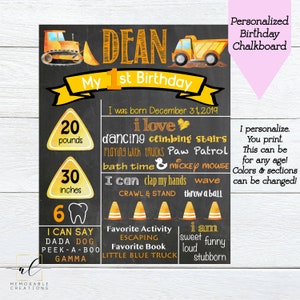 Op de afbeelding: Een zwart krijtbord-stijl verjaardagsbord voor een jongen genaamd Dean die zijn 1e verjaardag viert. Het bord heeft een geel en oranje bouwvoertuigthema met een geel en oranje kleurenschema. Het bord bevat details over Deans leeftijd, gewicht, lengte, favoriete activiteiten en dingen die hij kan zeggen. Het bord bevat ook de tekst "Mijn 1e verjaardag" en "Ik ben geboren op 31 december 2019".