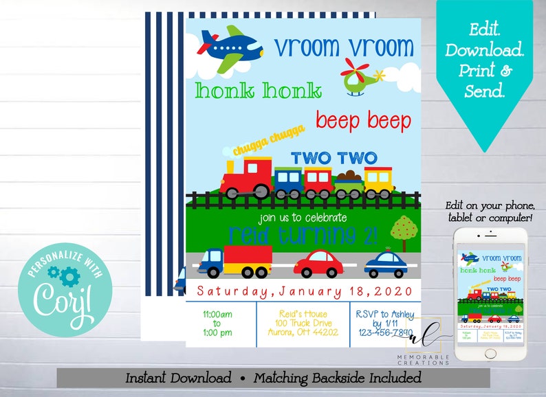 Transportation Birthday Printable Invitation Edit Yourself - Etsy