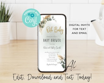 Groen Oh elektronische babyshower uitnodiging, bewerkbare babyshower tekst uitnodigen, tekstbericht groen pampagras, genderneutraal, Evite