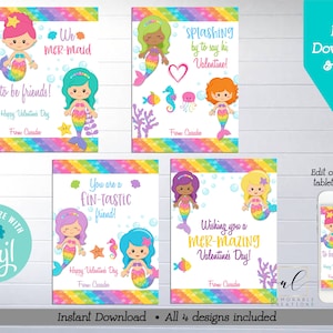 Mermaid Valentine Printable Cards, Editable Mermaid Valentines, Instant Download Valentine's Day Cards, Girl Valentines, Kids Valentines