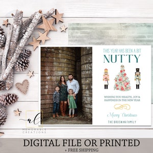 May include: A Christmas card with a family photo and a whimsical design featuring a nutcracker and a decorated Christmas tree. The text reads "This year has been a bit nutty. Wishing you health, joy & happiness in the new year. Merry Christmas, The Brosnan Family."