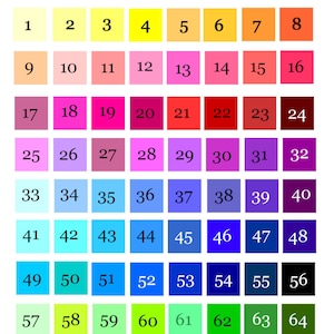 May include: A colour chart featuring 64 different colours, numbered 1 to 64. The colours are arranged in rows of eight, with each row containing a different shade of colour. The chart is titled "AL memorable Creations Colour Chart".