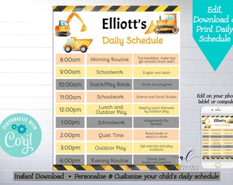 Editable Construction Daily Schedule, Edit Yourself Bulldozer Daily Planner, Instant Download Kids Daily Routines Chart, Truck Daily Planner