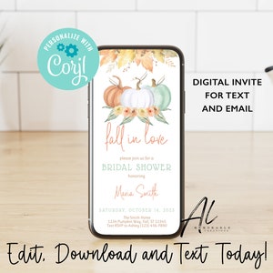 May include: A digital invitation for a bridal shower with a fall theme. The invitation features a watercolor illustration of pumpkins, leaves, and flowers. The text reads "fall in love" and includes the bride's name, the date, and the location of the shower.