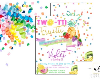 May include: A colorful invitation for a 2nd birthday party with a fruit theme. The invitation says "Two-tti Fruiti" and "come party with our cutie!" The invitation also says "Violet is turning 2!" and includes the date, time, and location of the party.
