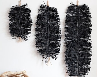 Black Raffia Leaf Wall Hanging - Minimalist Wabi Sabi Style Decoration