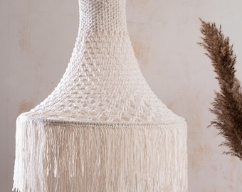 Macrame Pendant Light – Boho Cotton Knotted Lampshade with Fringe