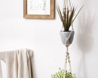 2-Tier Macrame Plant Hanger - Indoor Recycled Cotton Planter for Medium Pots